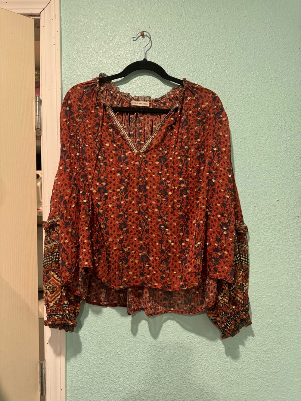 Ulla Johnson Rust Floral V-Neck Peasant Blouse